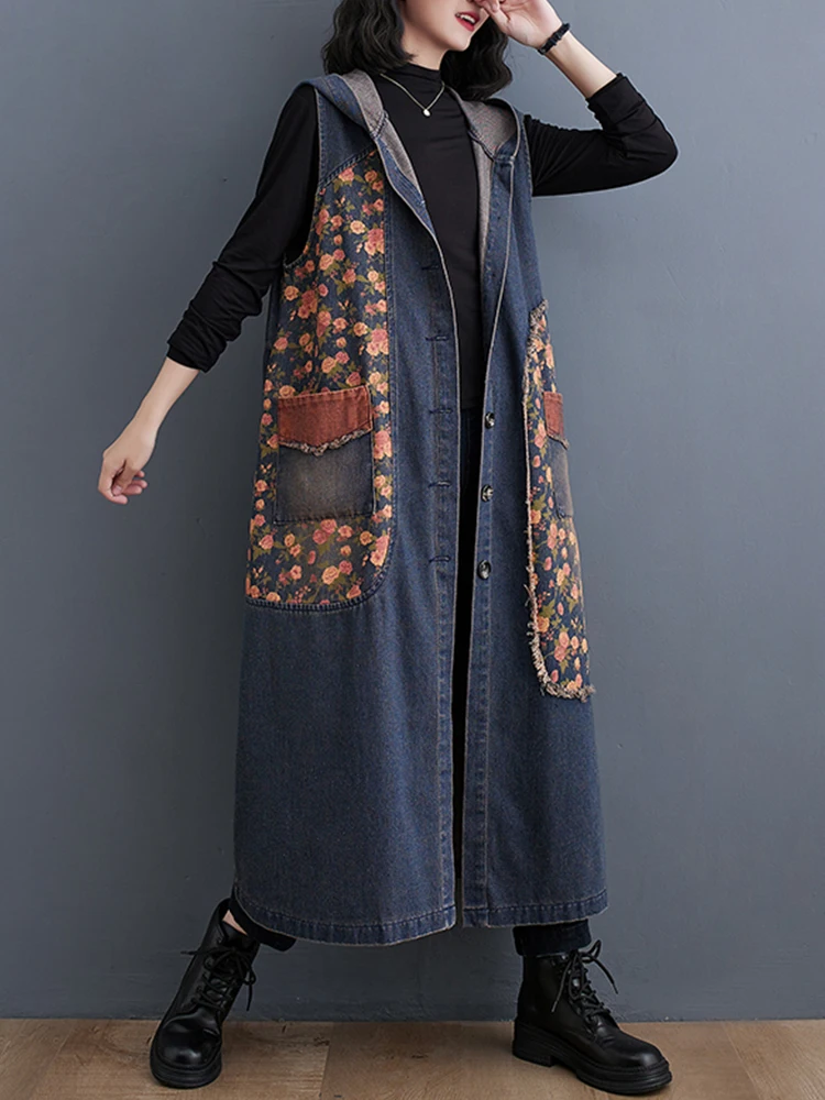Amax luluE Autumn Long Sleeveless Clothes Womens Fashion Loose Hooded Denim Vest Ladies Casual Printed Coats Vintage Waistcoats