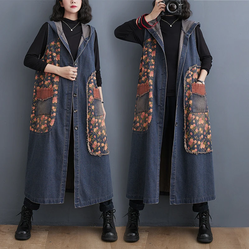 Amax luluE Autumn Long Sleeveless Clothes Womens Fashion Loose Hooded Denim Vest Ladies Casual Printed Coats Vintage Waistcoats