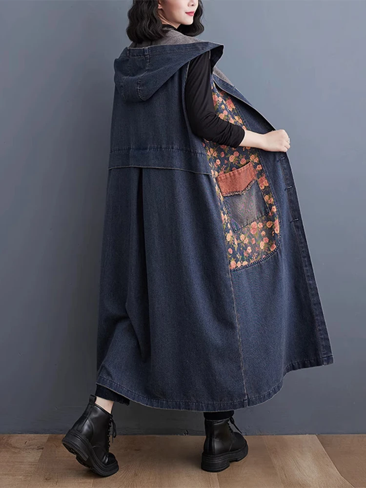Amax luluE Autumn Long Sleeveless Clothes Womens Fashion Loose Hooded Denim Vest Ladies Casual Printed Coats Vintage Waistcoats