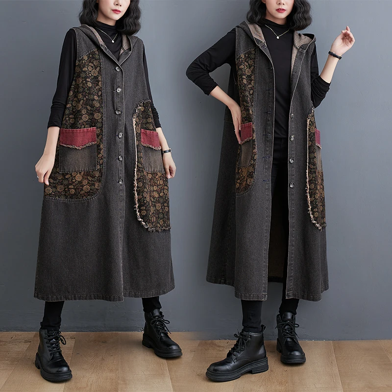 Amax luluE Autumn Long Sleeveless Clothes Womens Fashion Loose Hooded Denim Vest Ladies Casual Printed Coats Vintage Waistcoats