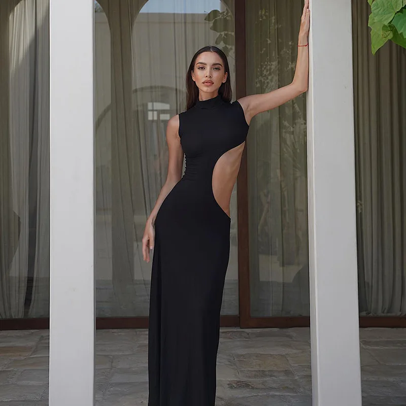 Cryptographic Sexy Cut Out Maxi Dress Outfits for Women Elegant Club Party Bodycon Sleeveless Tank Dresses Vestido Summer Chic