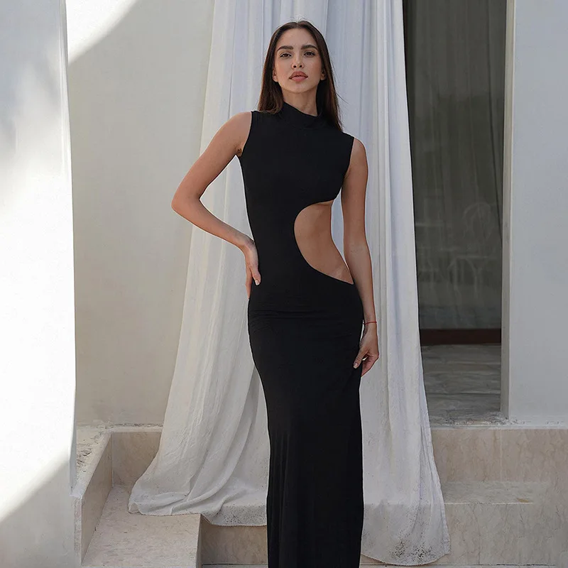 Cryptographic Sexy Cut Out Maxi Dress Outfits for Women Elegant Club Party Bodycon Sleeveless Tank Dresses Vestido Summer Chic