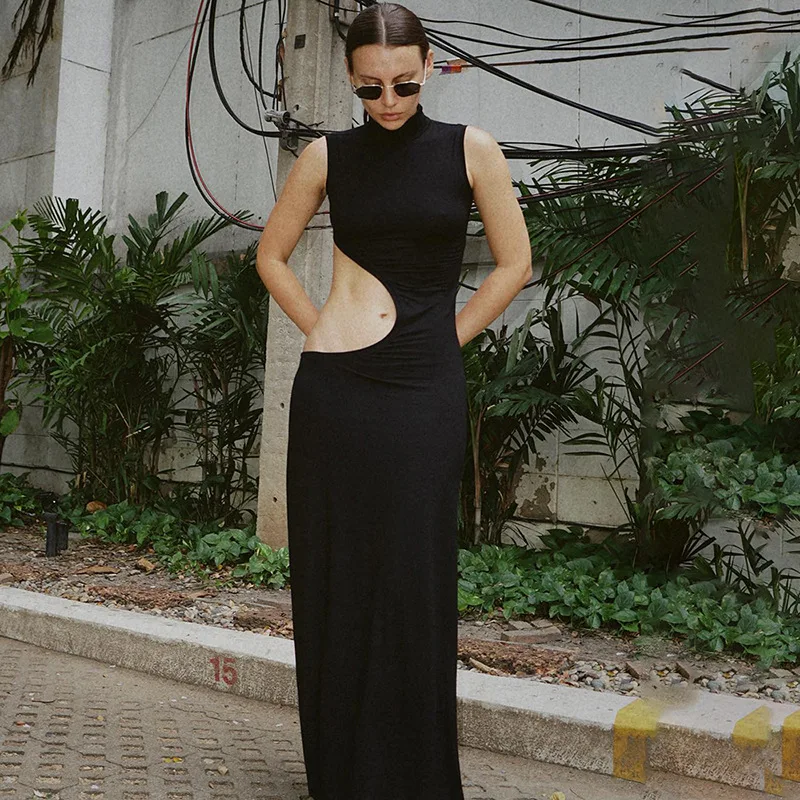 Cryptographic Sexy Cut Out Maxi Dress Outfits for Women Elegant Club Party Bodycon Sleeveless Tank Dresses Vestido Summer Chic