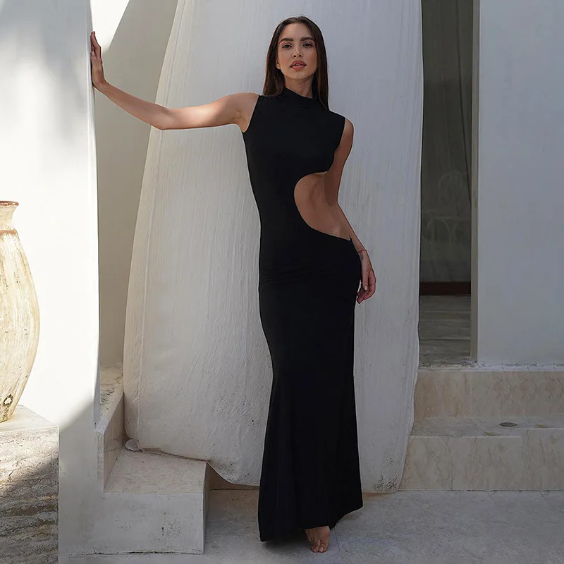 Cryptographic Sexy Cut Out Maxi Dress Outfits for Women Elegant Club Party Bodycon Sleeveless Tank Dresses Vestido Summer Chic