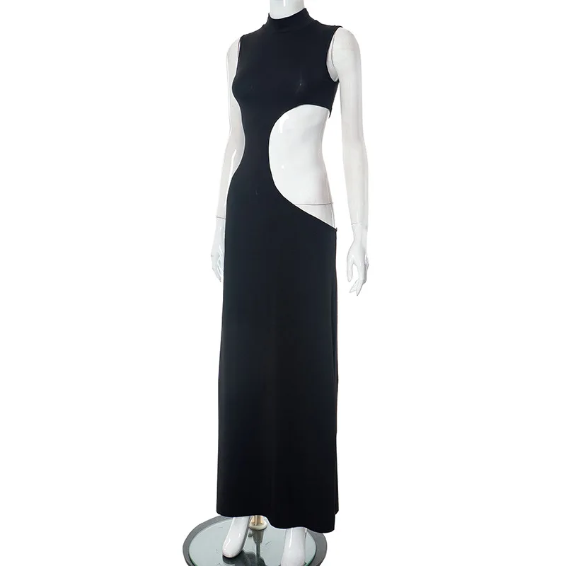 Cryptographic Sexy Cut Out Maxi Dress Outfits for Women Elegant Club Party Bodycon Sleeveless Tank Dresses Vestido Summer Chic