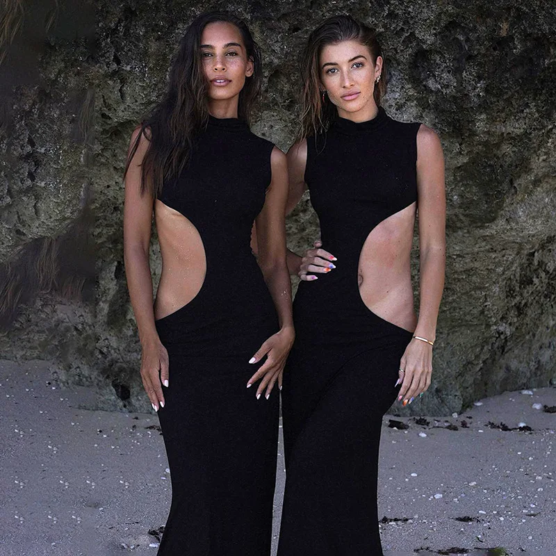 Cryptographic Sexy Cut Out Maxi Dress Outfits for Women Elegant Club Party Bodycon Sleeveless Tank Dresses Vestido Summer Chic