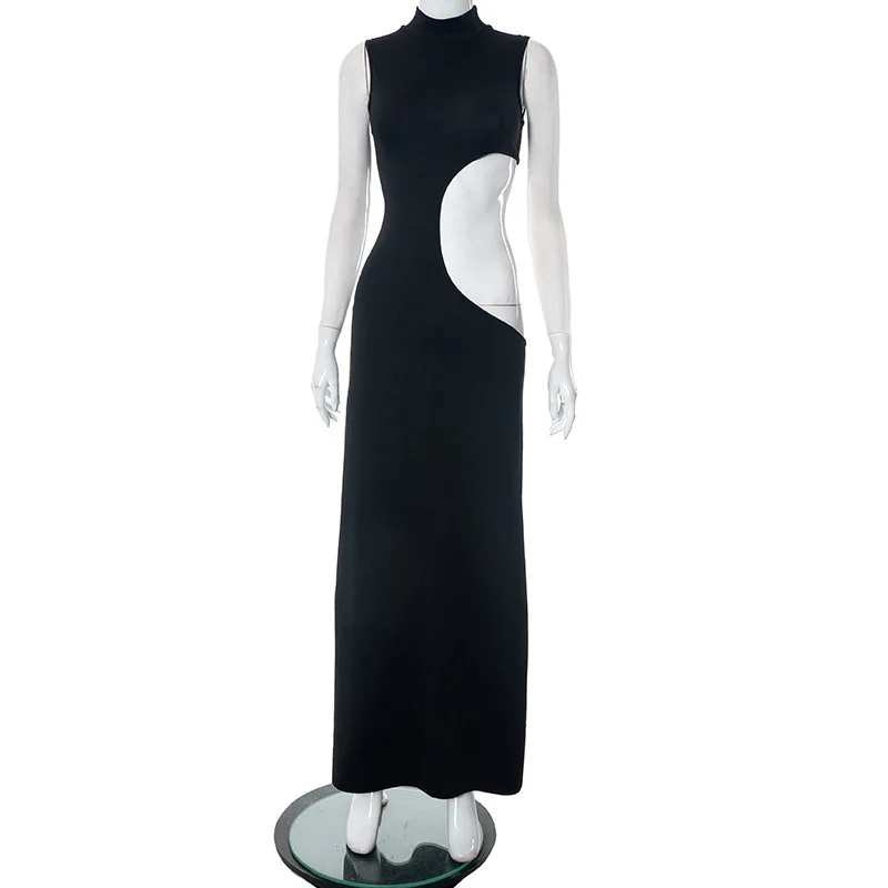 Cryptographic Sexy Cut Out Maxi Dress Outfits for Women Elegant Club Party Bodycon Sleeveless Tank Dresses Vestido Summer Chic