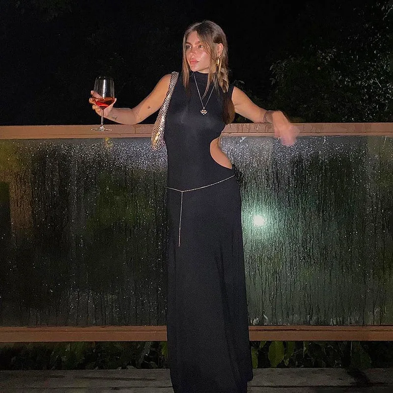Cryptographic Sexy Cut Out Maxi Dress Outfits for Women Elegant Club Party Bodycon Sleeveless Tank Dresses Vestido Summer Chic