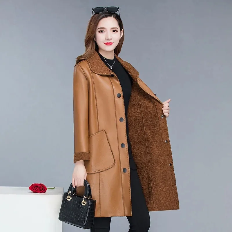Leather Coat Women Mid length Mother Wear 2023 Autumn/Winter New Korean Version Versatile Loose Fit Velvet Windbreaker Fur Coat