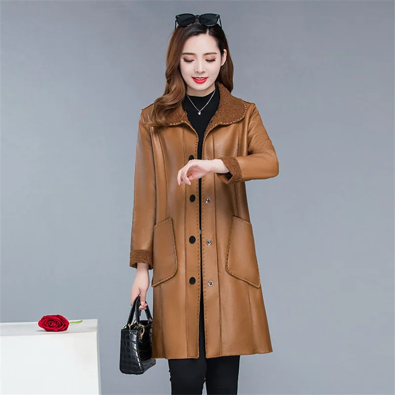 Leather Coat Women Mid length Mother Wear 2023 Autumn/Winter New Korean Version Versatile Loose Fit Velvet Windbreaker Fur Coat