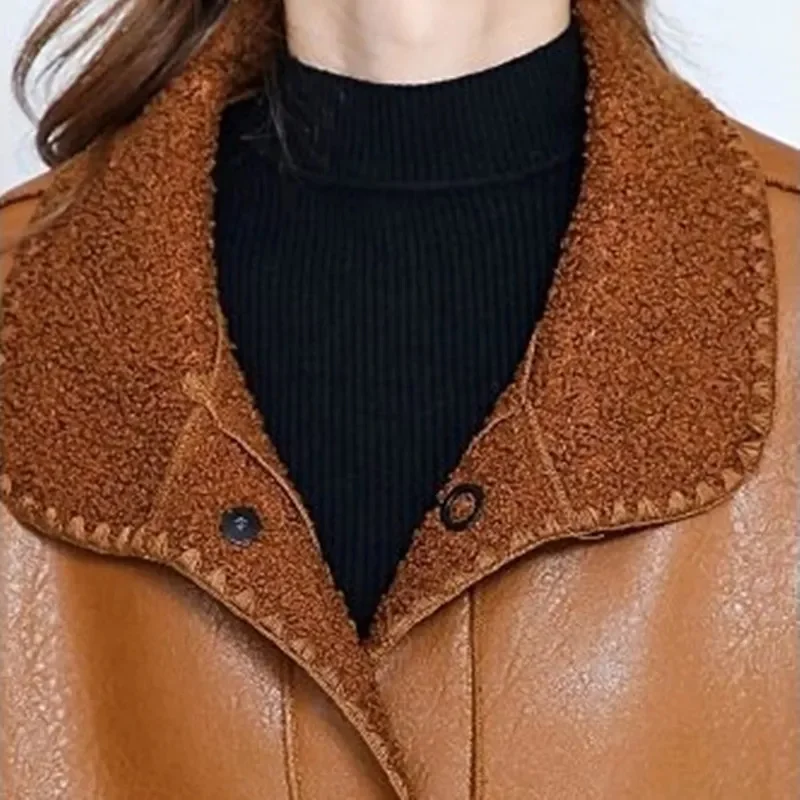 Leather Coat Women Mid length Mother Wear 2023 Autumn/Winter New Korean Version Versatile Loose Fit Velvet Windbreaker Fur Coat