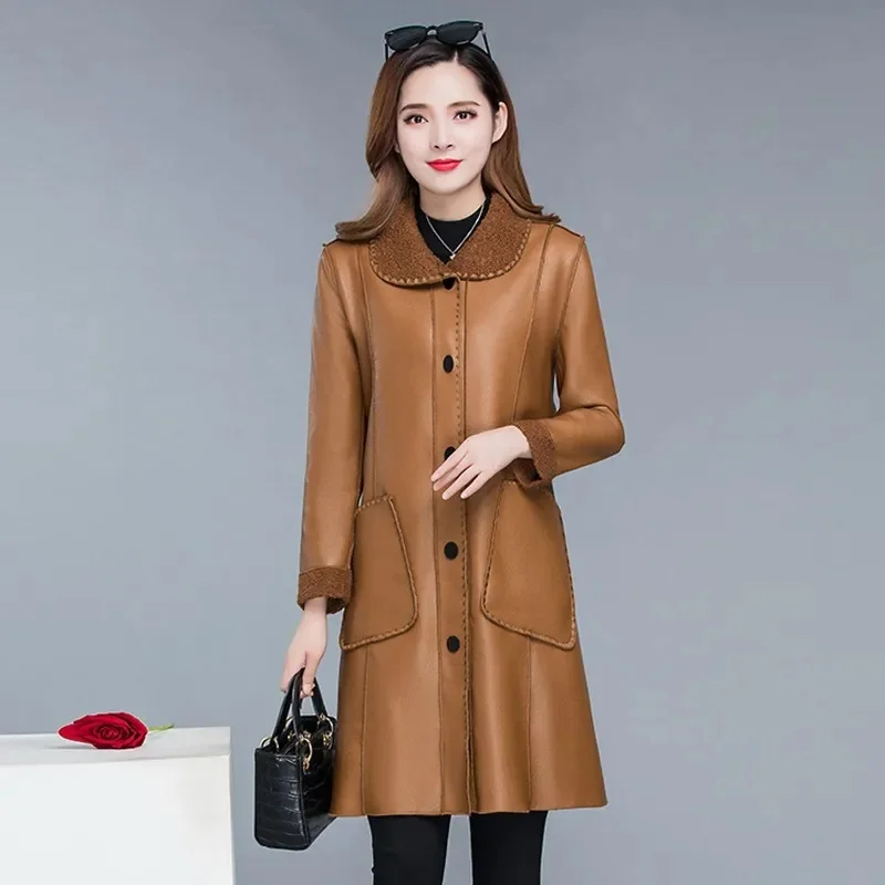 Leather Coat Women Mid length Mother Wear 2023 Autumn/Winter New Korean Version Versatile Loose Fit Velvet Windbreaker Fur Coat