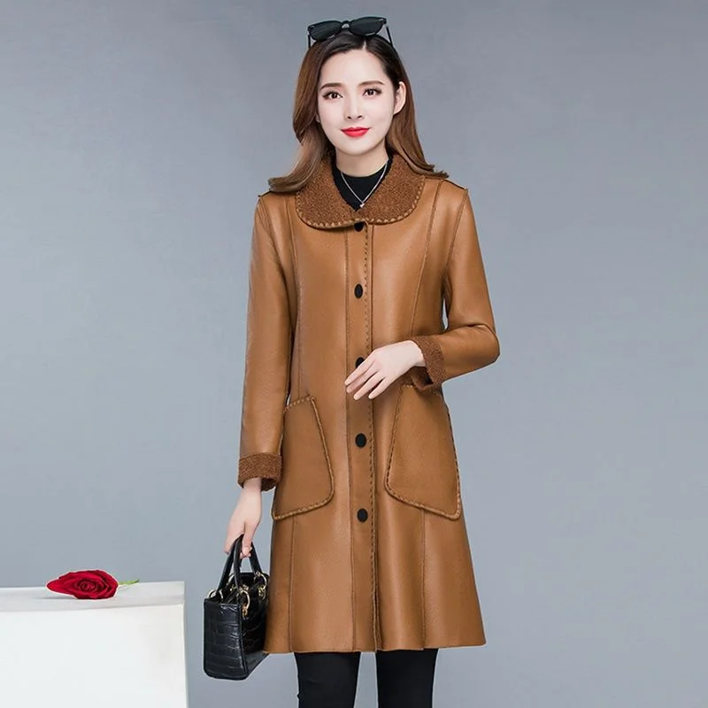 Leather Coat Women Mid length Mother Wear 2023 Autumn/Winter New Korean Version Versatile Loose Fit Velvet Windbreaker Fur Coat