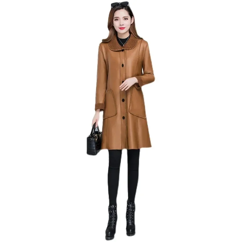 Leather Coat Women Mid length Mother Wear 2023 Autumn/Winter New Korean Version Versatile Loose Fit Velvet Windbreaker Fur Coat