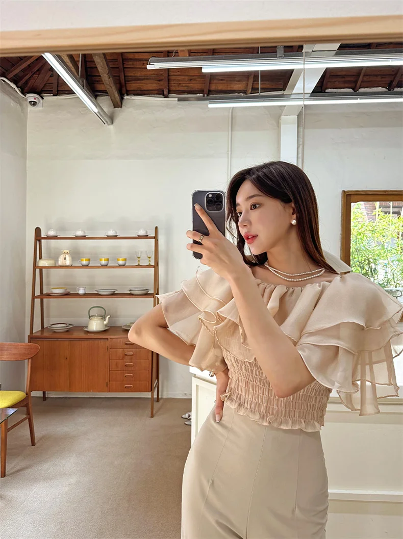 2026 Spring/Summer Sweet and Fashion Lyocell Double Layer Lotus Collar Tops Lightweight Rayon Shirt Stretch Slash Neck Shirt