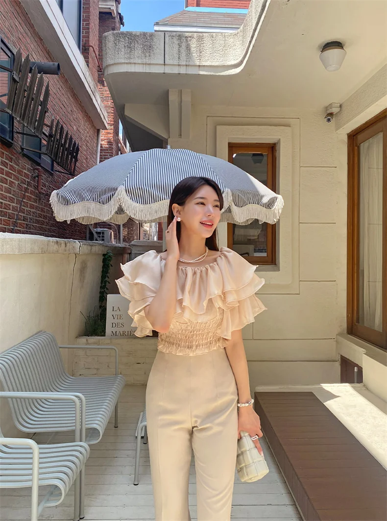 2026 Spring/Summer Sweet and Fashion Lyocell Double Layer Lotus Collar Tops Lightweight Rayon Shirt Stretch Slash Neck Shirt