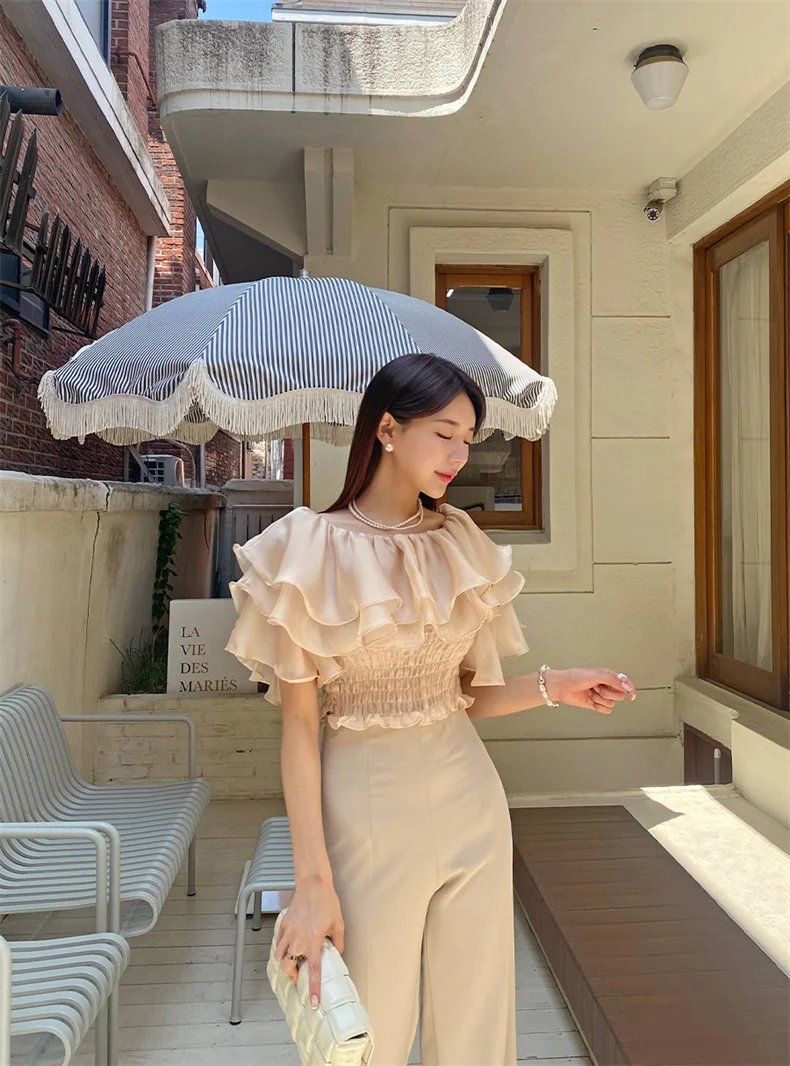 2026 Spring/Summer Sweet and Fashion Lyocell Double Layer Lotus Collar Tops Lightweight Rayon Shirt Stretch Slash Neck Shirt