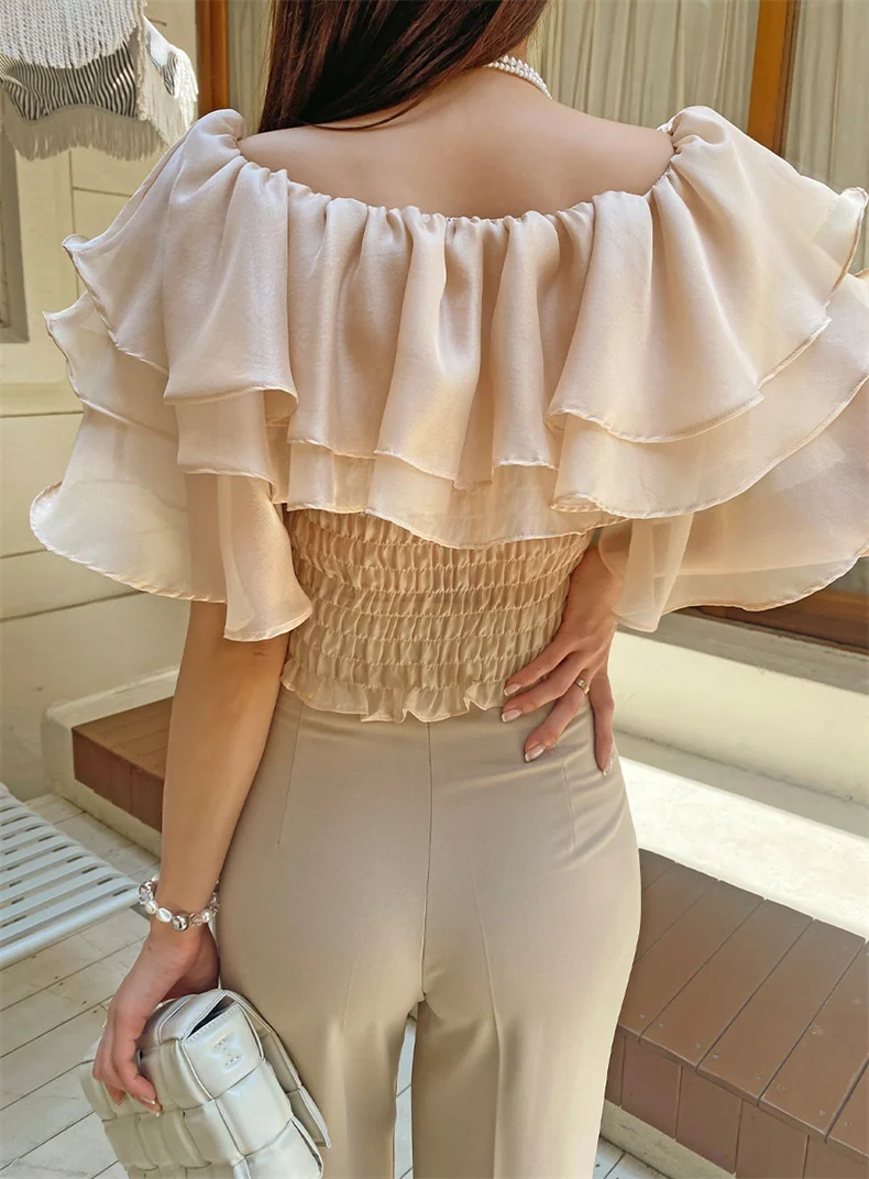 2026 Spring/Summer Sweet and Fashion Lyocell Double Layer Lotus Collar Tops Lightweight Rayon Shirt Stretch Slash Neck Shirt