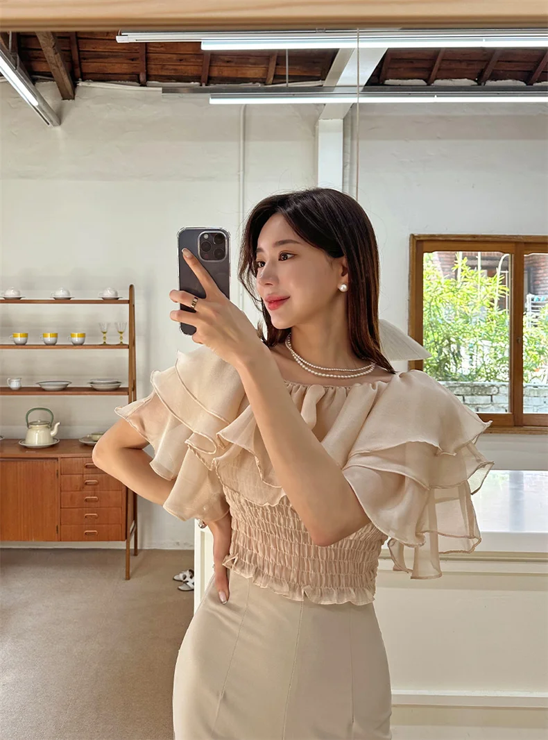 2026 Spring/Summer Sweet and Fashion Lyocell Double Layer Lotus Collar Tops Lightweight Rayon Shirt Stretch Slash Neck Shirt