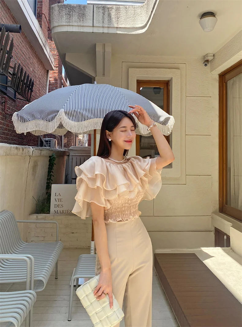 2026 Spring/Summer Sweet and Fashion Lyocell Double Layer Lotus Collar Tops Lightweight Rayon Shirt Stretch Slash Neck Shirt