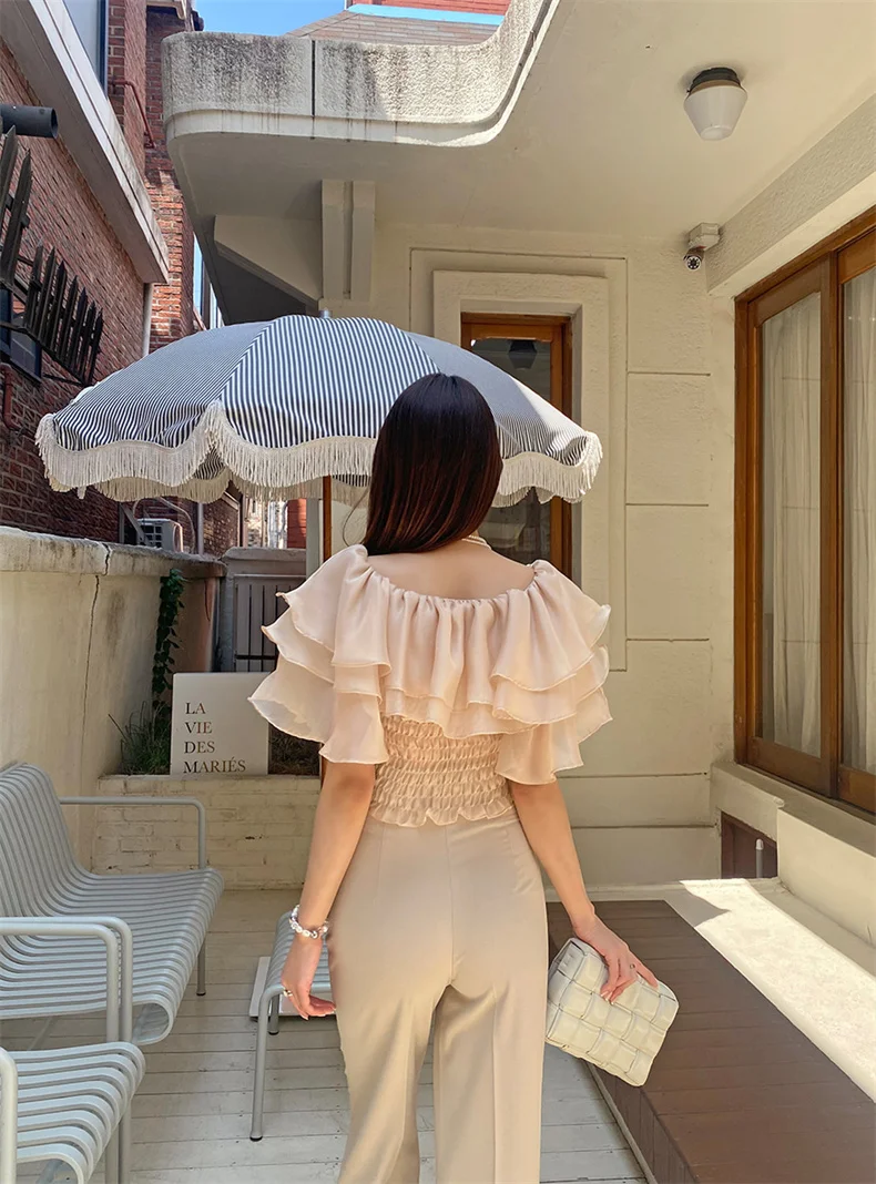 2026 Spring/Summer Sweet and Fashion Lyocell Double Layer Lotus Collar Tops Lightweight Rayon Shirt Stretch Slash Neck Shirt