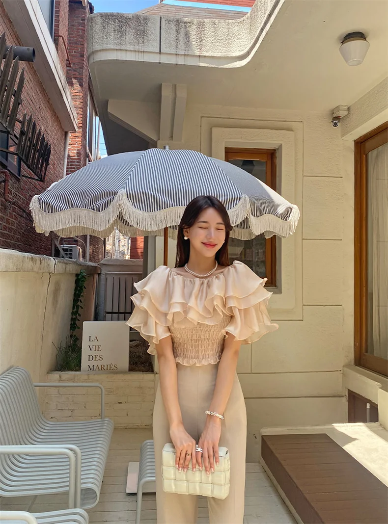 2026 Spring/Summer Sweet and Fashion Lyocell Double Layer Lotus Collar Tops Lightweight Rayon Shirt Stretch Slash Neck Shirt