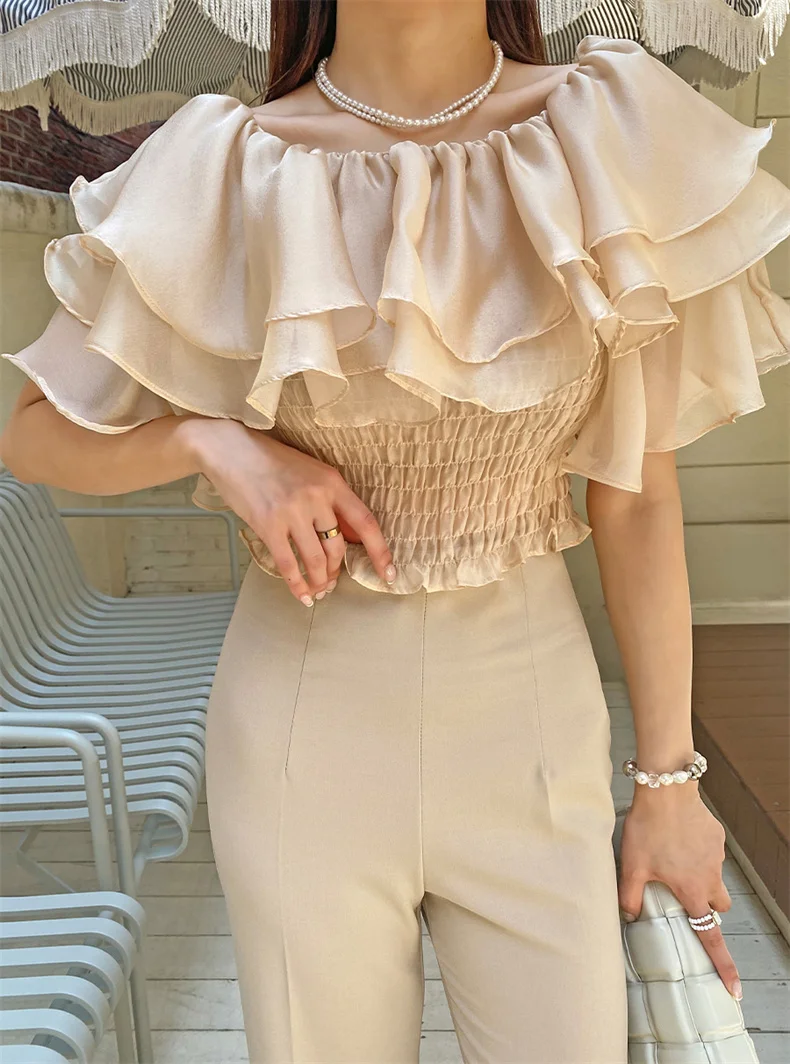 2026 Spring/Summer Sweet and Fashion Lyocell Double Layer Lotus Collar Tops Lightweight Rayon Shirt Stretch Slash Neck Shirt