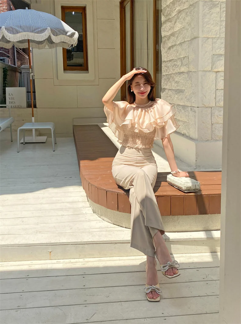 2026 Spring/Summer Sweet and Fashion Lyocell Double Layer Lotus Collar Tops Lightweight Rayon Shirt Stretch Slash Neck Shirt