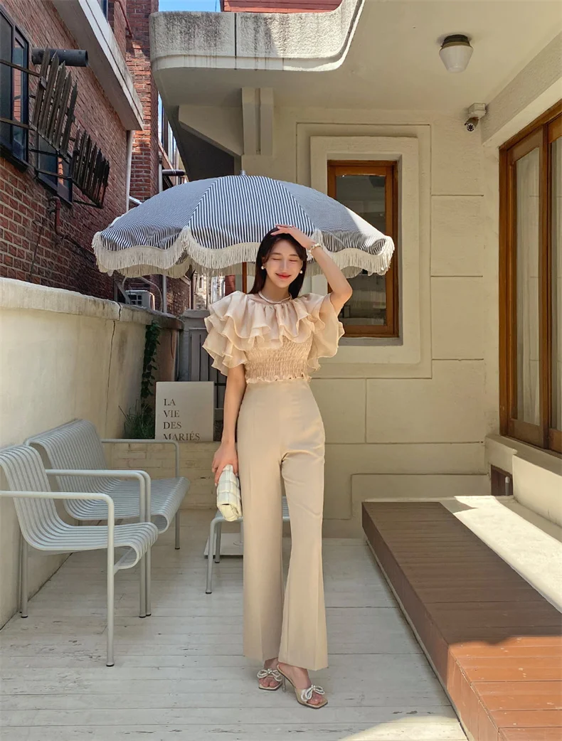 2026 Spring/Summer Sweet and Fashion Lyocell Double Layer Lotus Collar Tops Lightweight Rayon Shirt Stretch Slash Neck Shirt