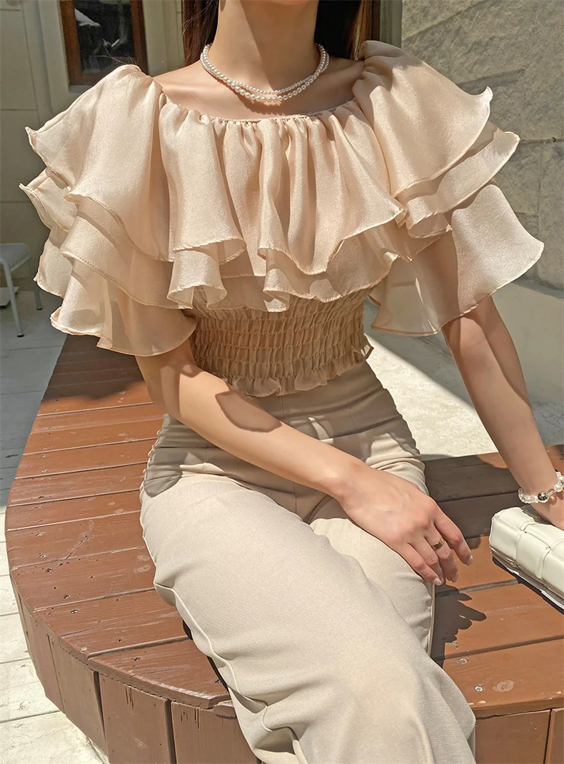 2026 Spring/Summer Sweet and Fashion Lyocell Double Layer Lotus Collar Tops Lightweight Rayon Shirt Stretch Slash Neck Shirt