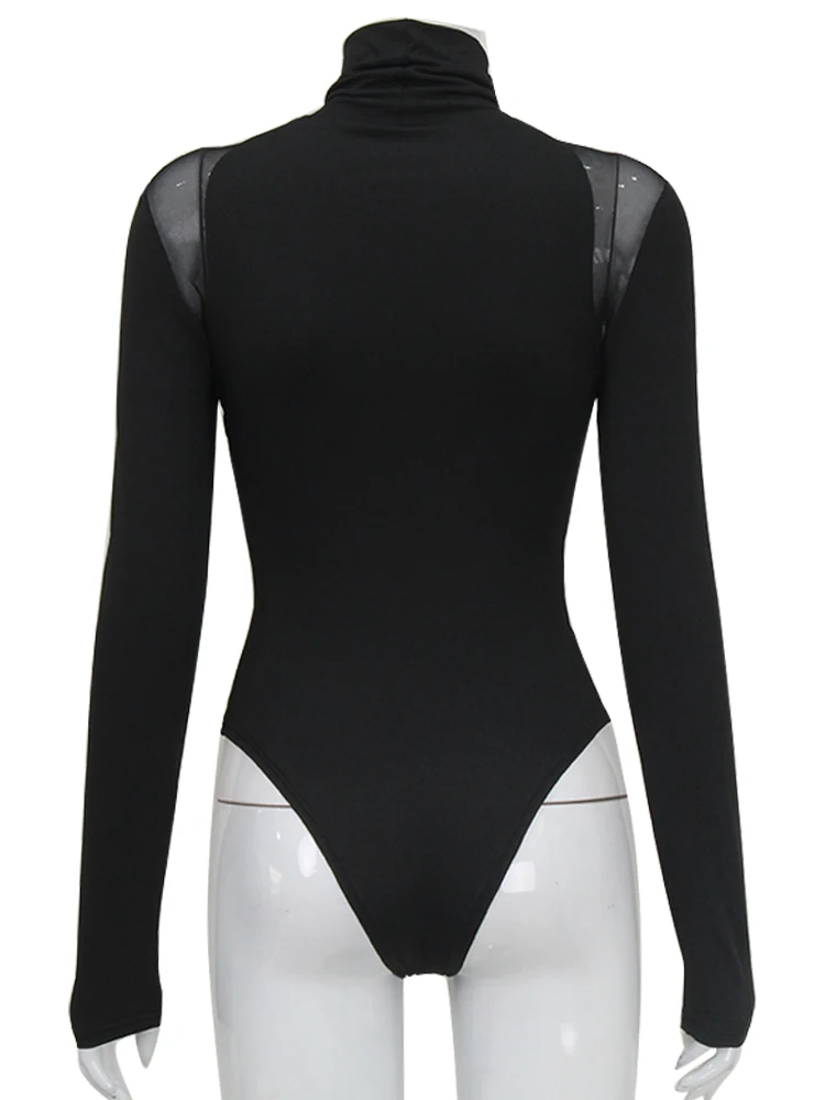 Sexy Mesh Patchwork Bodysuits Women Sheath Fashion Tees Tops Long Sleeves Turtleneck Bodycon Streetwear Rompers Female T-Shirt