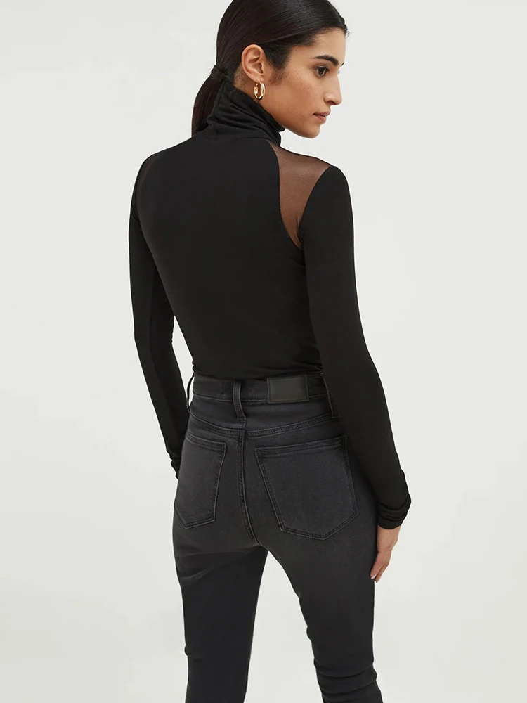 Sexy Mesh Patchwork Bodysuits Women Sheath Fashion Tees Tops Long Sleeves Turtleneck Bodycon Streetwear Rompers Female T-Shirt
