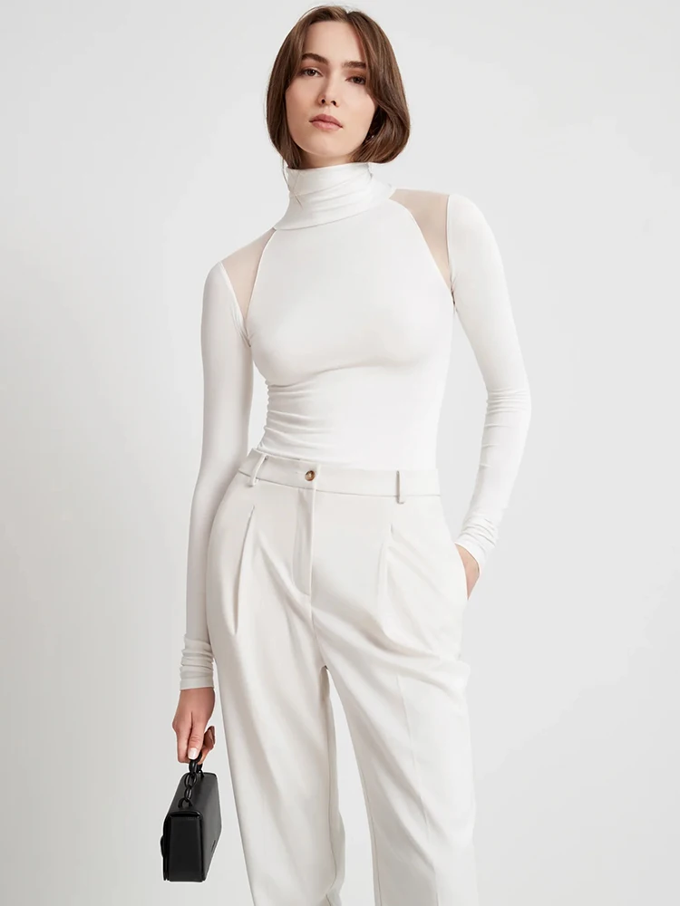Sexy Mesh Patchwork Bodysuits Women Sheath Fashion Tees Tops Long Sleeves Turtleneck Bodycon Streetwear Rompers Female T-Shirt