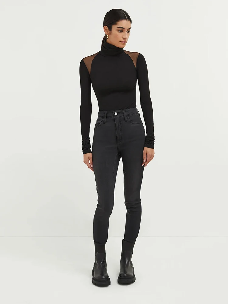 Sexy Mesh Patchwork Bodysuits Women Sheath Fashion Tees Tops Long Sleeves Turtleneck Bodycon Streetwear Rompers Female T-Shirt