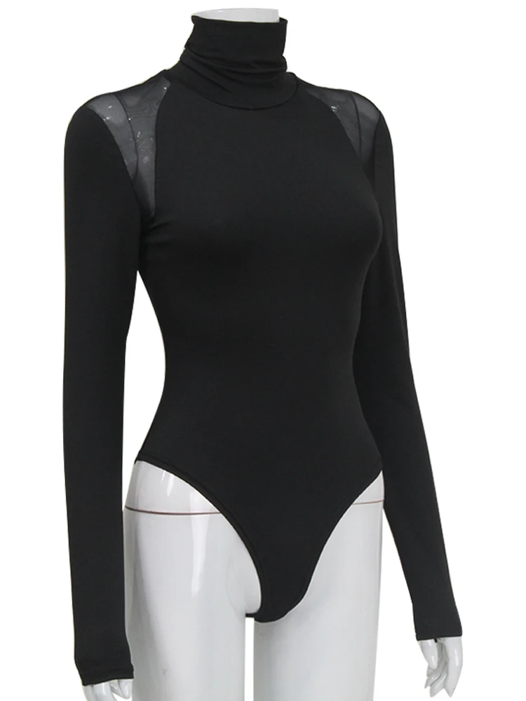 Sexy Mesh Patchwork Bodysuits Women Sheath Fashion Tees Tops Long Sleeves Turtleneck Bodycon Streetwear Rompers Female T-Shirt