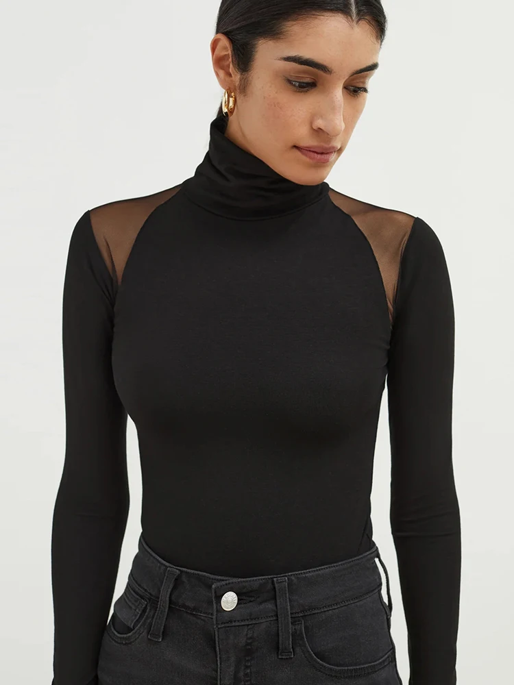 Sexy Mesh Patchwork Bodysuits Women Sheath Fashion Tees Tops Long Sleeves Turtleneck Bodycon Streetwear Rompers Female T-Shirt