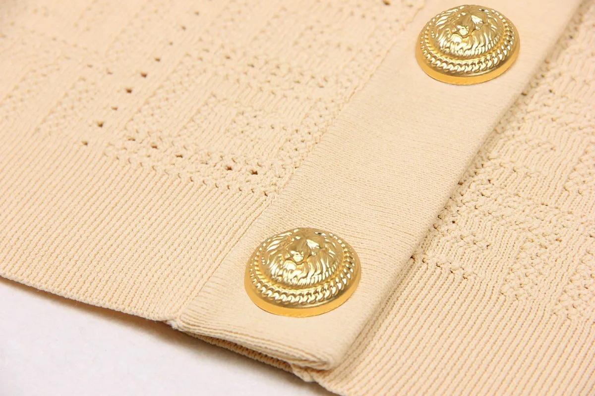 SML High Quality Fashion Elastic Knitted Fabric Labyrinth Hollow Round Neck Single breasted Long Sleeve Slim Fit Women Cardigan