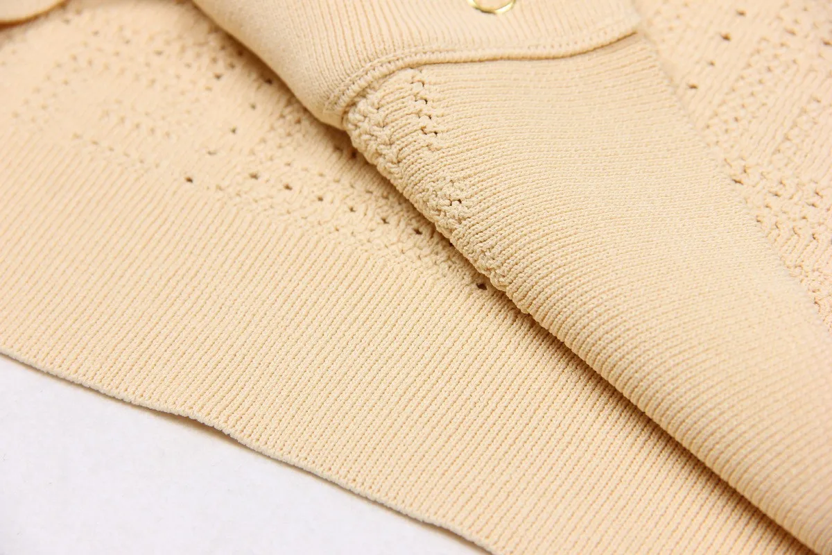 SML High Quality Fashion Elastic Knitted Fabric Labyrinth Hollow Round Neck Single breasted Long Sleeve Slim Fit Women Cardigan