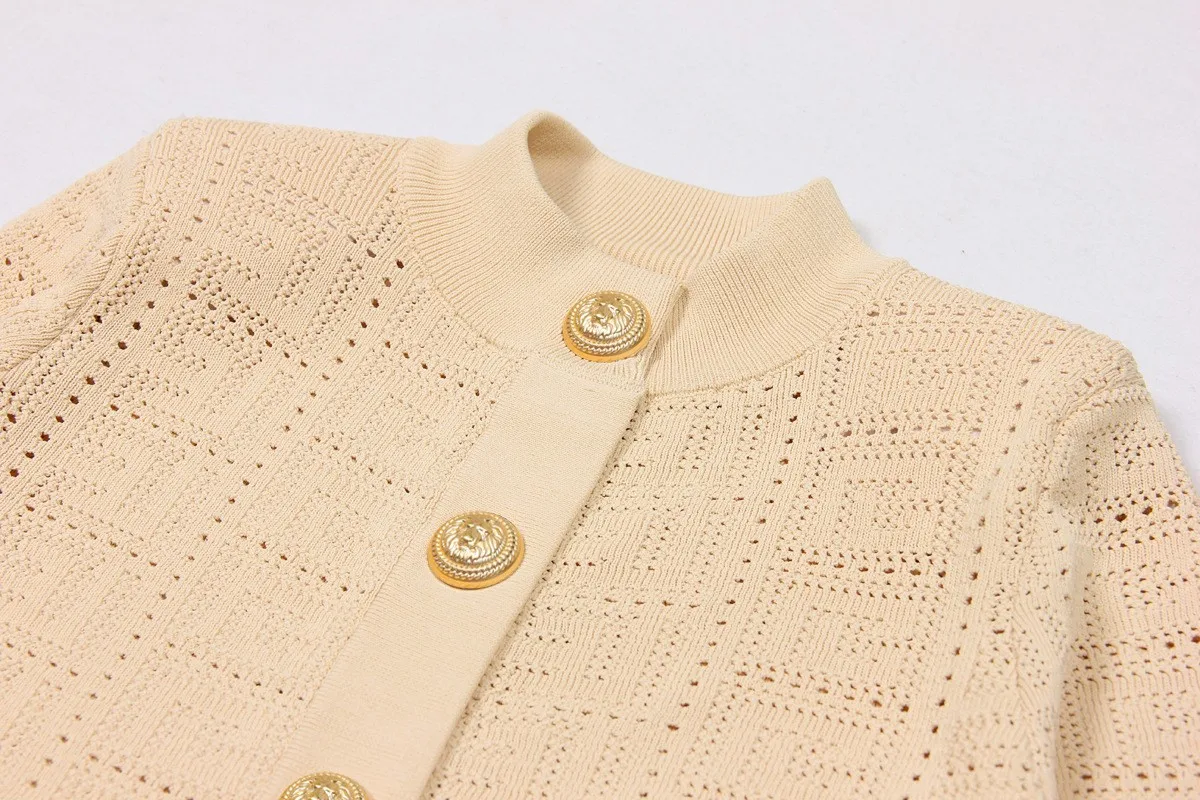 SML High Quality Fashion Elastic Knitted Fabric Labyrinth Hollow Round Neck Single breasted Long Sleeve Slim Fit Women Cardigan
