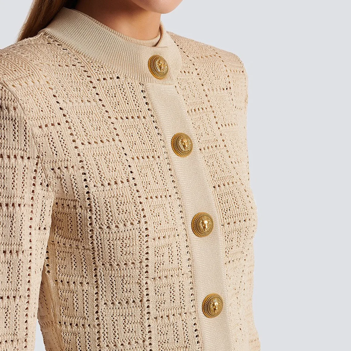 SML High Quality Fashion Elastic Knitted Fabric Labyrinth Hollow Round Neck Single breasted Long Sleeve Slim Fit Women Cardigan