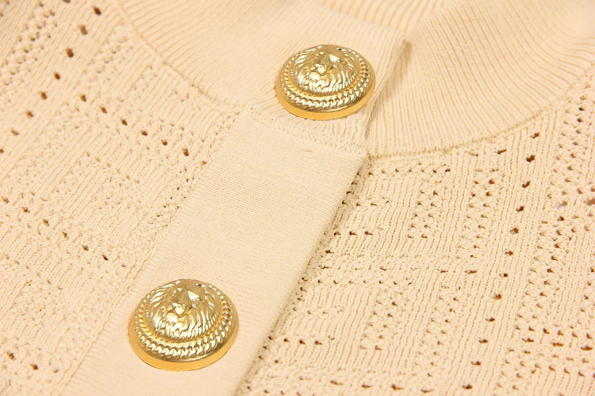 SML High Quality Fashion Elastic Knitted Fabric Labyrinth Hollow Round Neck Single breasted Long Sleeve Slim Fit Women Cardigan