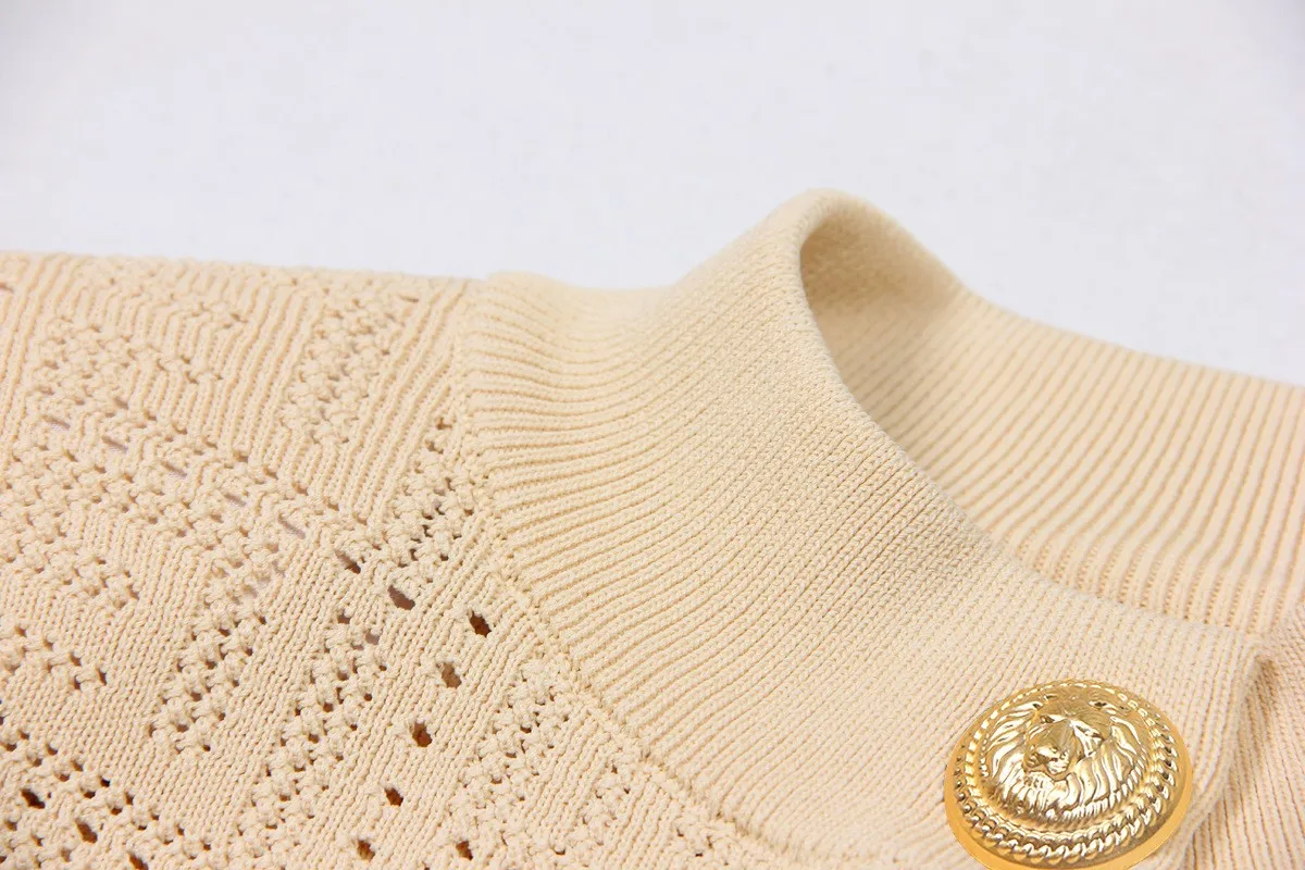 SML High Quality Fashion Elastic Knitted Fabric Labyrinth Hollow Round Neck Single breasted Long Sleeve Slim Fit Women Cardigan