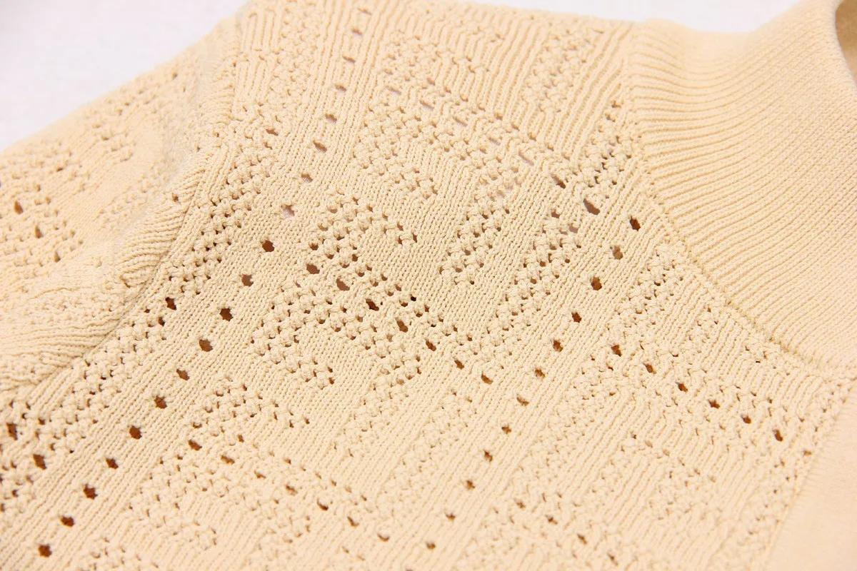 SML High Quality Fashion Elastic Knitted Fabric Labyrinth Hollow Round Neck Single breasted Long Sleeve Slim Fit Women Cardigan