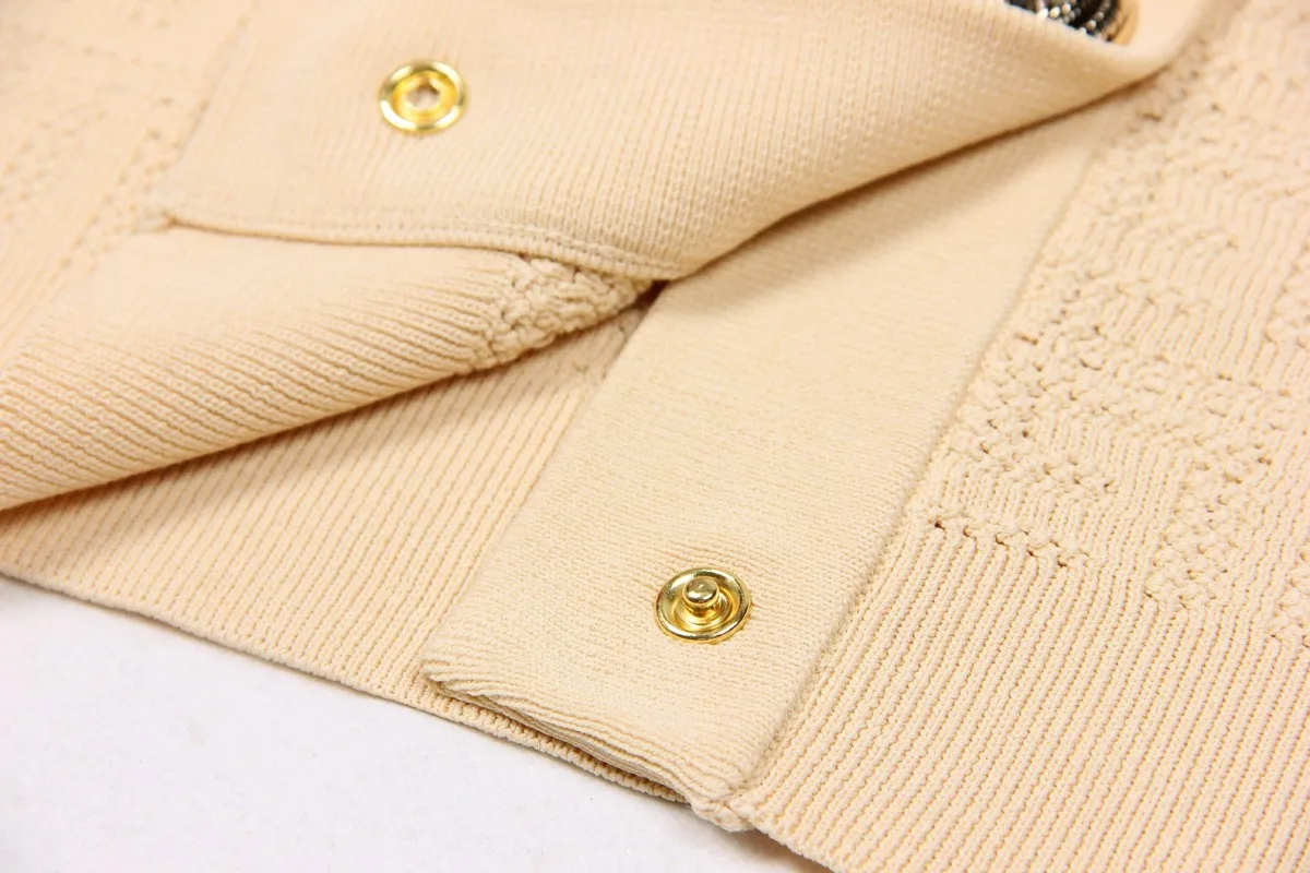 SML High Quality Fashion Elastic Knitted Fabric Labyrinth Hollow Round Neck Single breasted Long Sleeve Slim Fit Women Cardigan