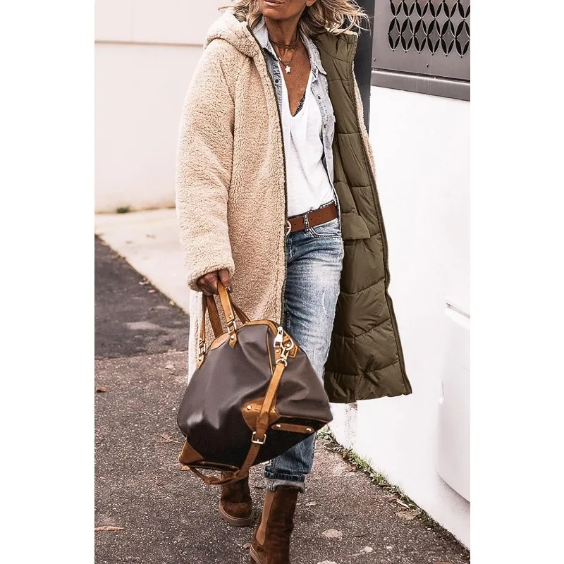 Women's 2023 Warm Winter Coats Reversible Sherpa Fleece Long Hooded Puffer Jackets Outerwear