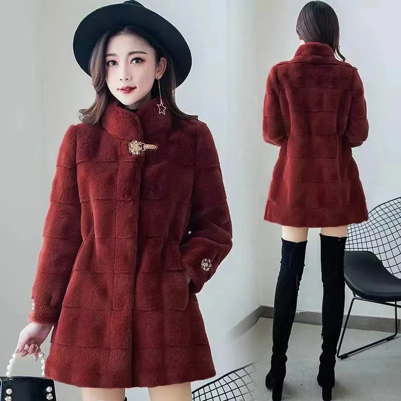 2023 Autumn Winter New Fur Coat Female Mid length Korean Version Slim Fit Women's Imitation Mink Fleece Coat Women's Danish Mink