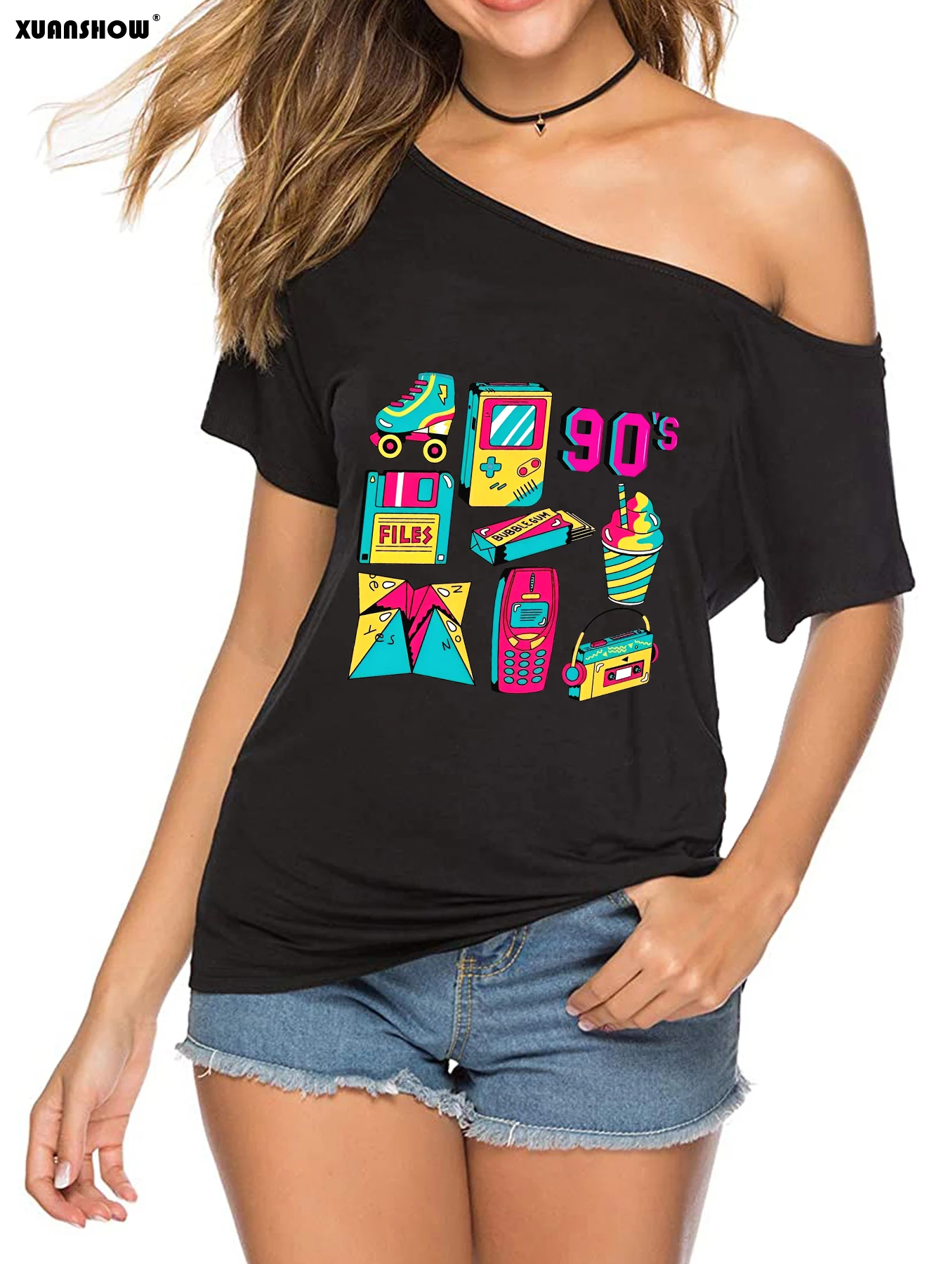 Fashion Women's Off-Shoulder T-Shirt 90's Retro Graphics Printed Short Sleeve Top Tees for Casual Wear