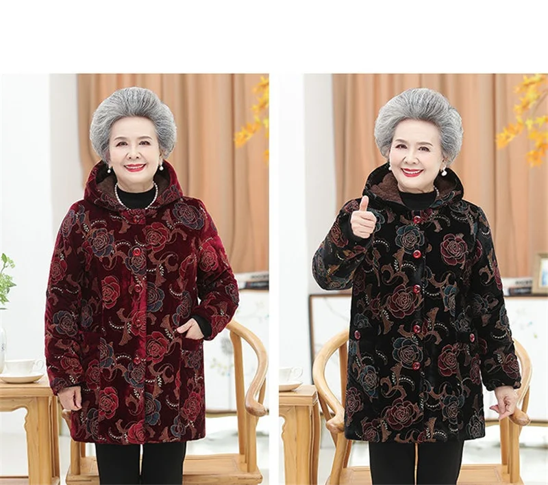 Women Cotton-Padded Coat Middle-Aged Elderly Mother Winter Clothes Women Parkas Velvet Thick Warm Quilted Jacket Outerwear 5XL