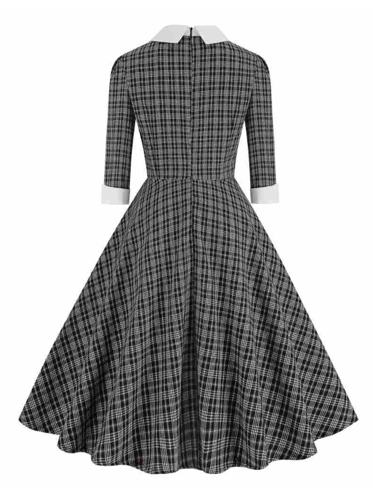 Tonval Brown Plaid Rockabilly Vintage Midi Dresses Turn-Down Collar Bow 3/4 Length Sleeve Autumn Winter Women Elegant Dress