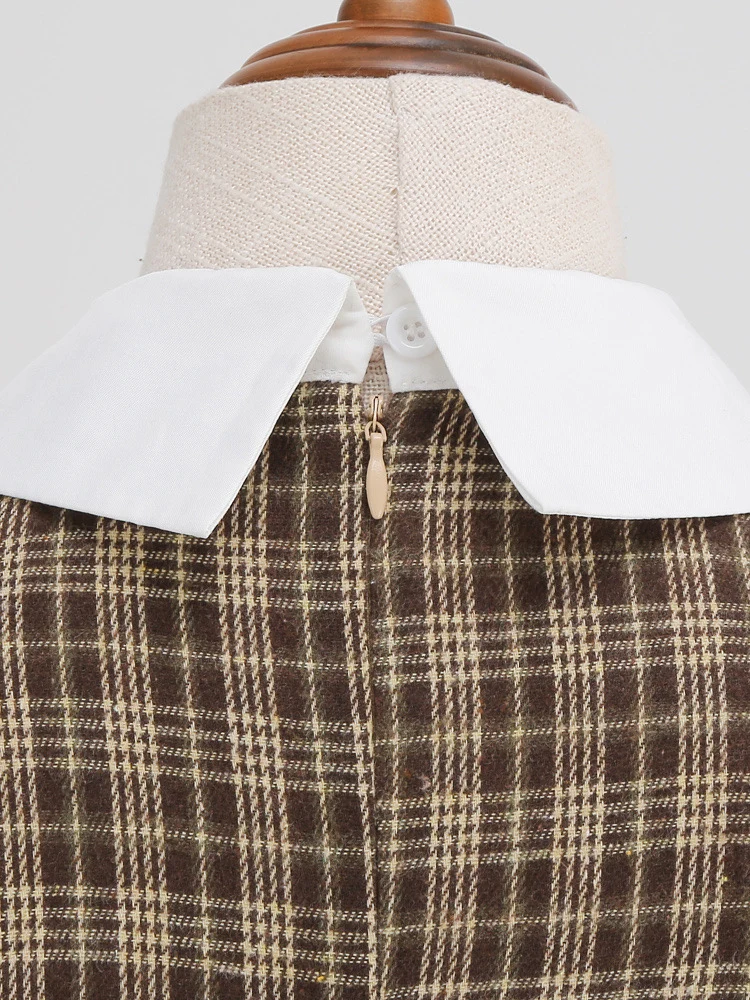 Tonval Brown Plaid Rockabilly Vintage Midi Dresses Turn-Down Collar Bow 3/4 Length Sleeve Autumn Winter Women Elegant Dress